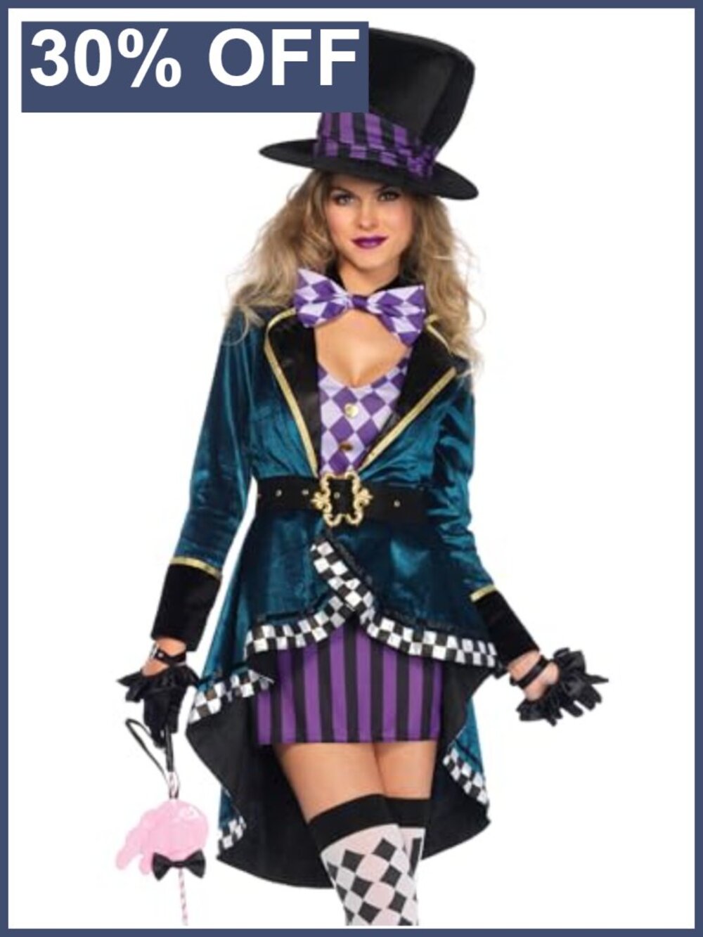 Leg Avenue Mad Hatter Costume 5pc Dress Jacket Belt Bow Hat